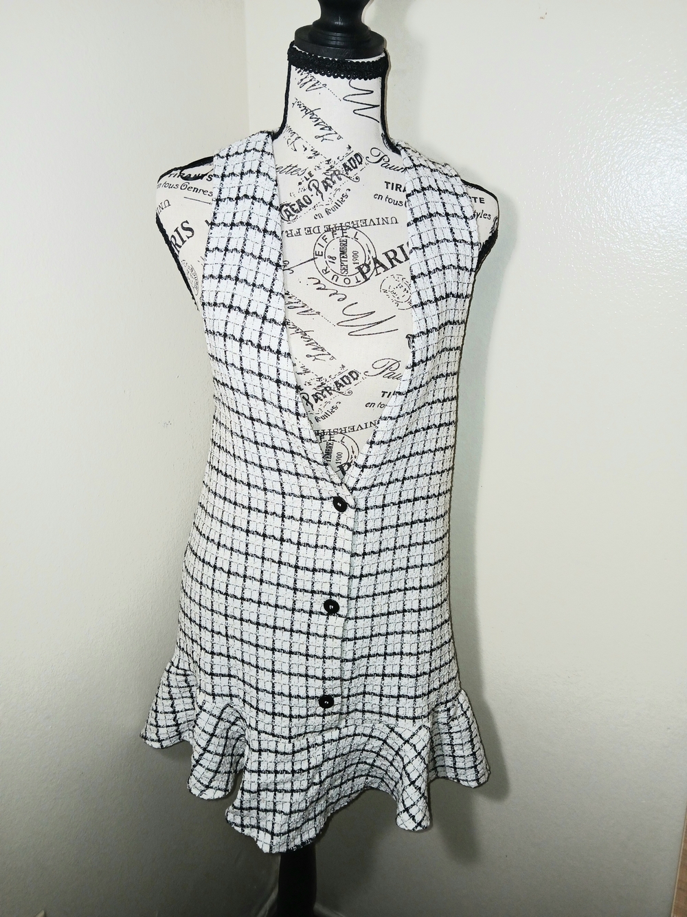 Zara White and Black Check Mini Dress with Ruffle Hem